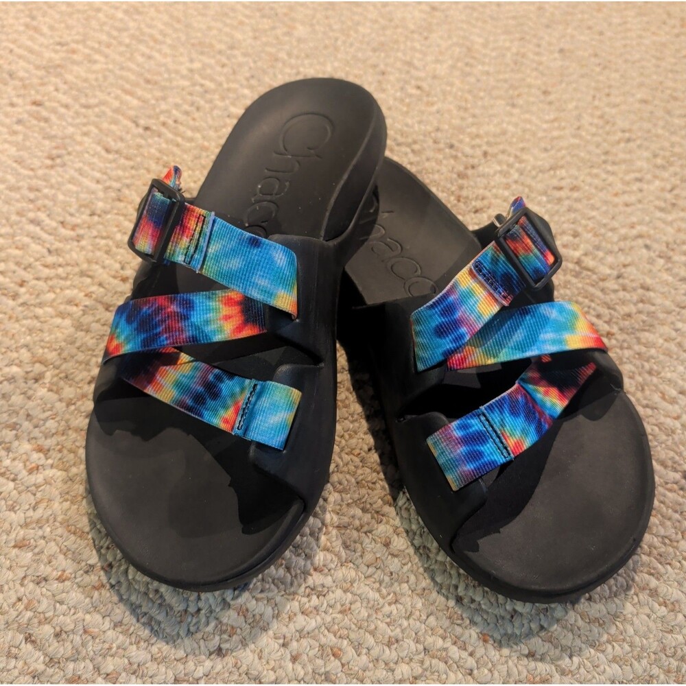 Chaco Chillos Slide Sandals Mens 9 Black Tie Dye Adjustable Straps Outdoor Trail